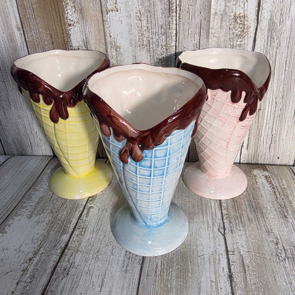 Royal‎ Norfolk Ice Cream Cone Dessert Cups Set of 3  Chocolate Drip Ceramic
